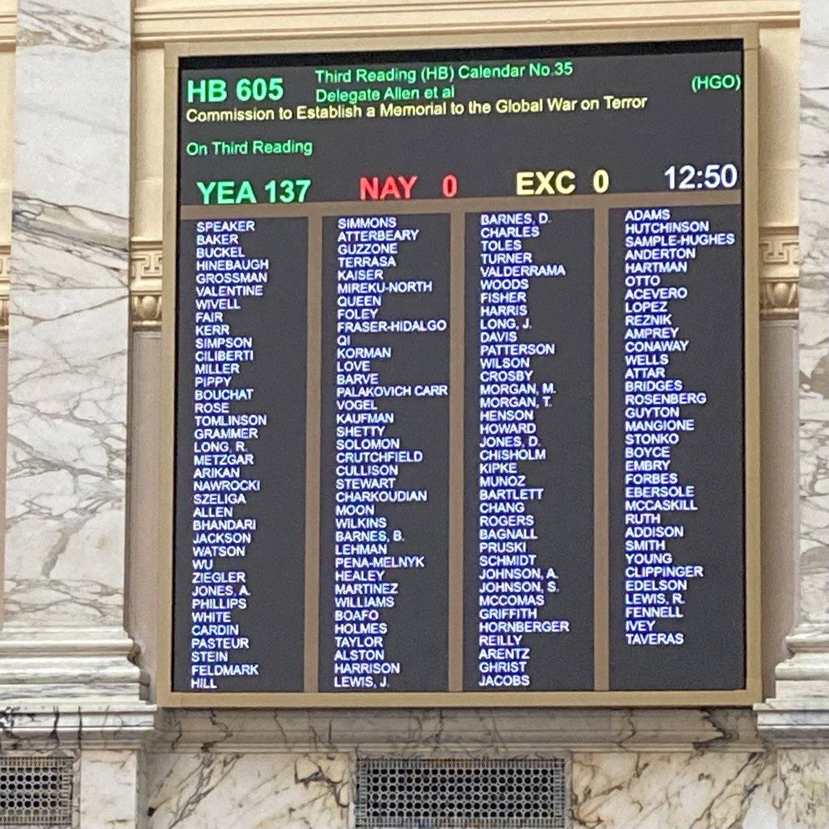 HB 605, which creates a commission to establish a memorial to Veterans of the Global War on Terror & their families, has passed the Maryland House of Delegates, unanimously! This is my first-ever bill and it is especially important and incredibly personal to me.