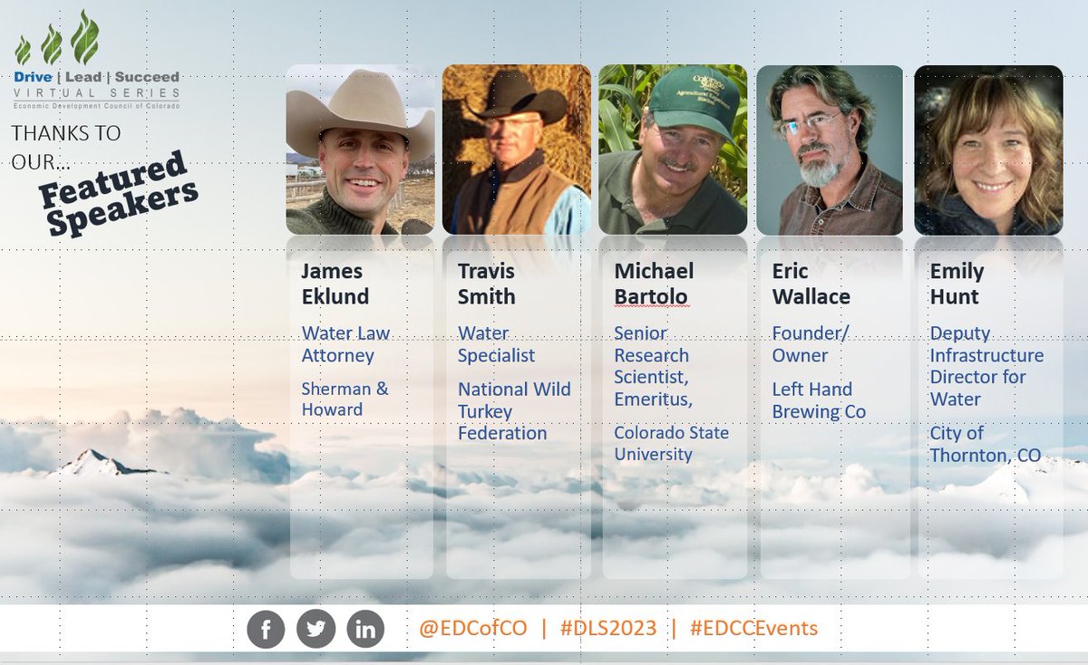 Thank you CO’s water thought leaders!
• Eric Wallace @LeftHandBrewing
• Emily Hunt @CityofThornton
• Michael Bartolo @CSUSystem
• Travis Smith @NWTF_official
• James Eklund @shermanhoward
Visit hubs.ly/Q01GWb7w0 for materials from today’s event. #DLS2023 #EDCCEvents