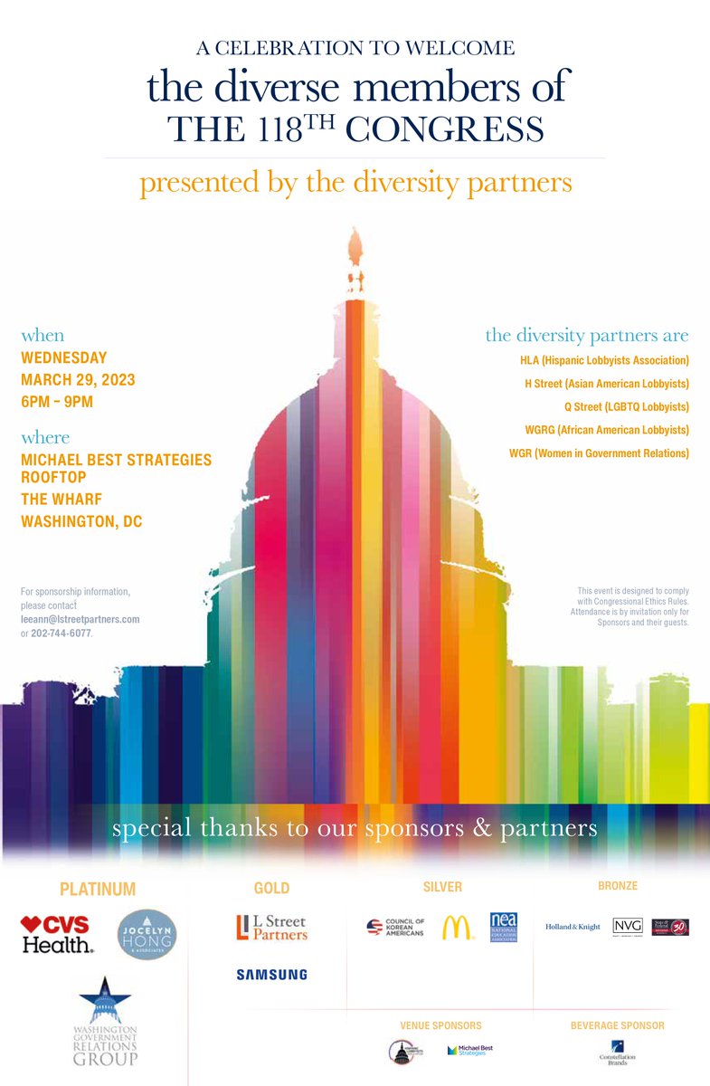 Only TWO more weeks til the Diversity Partners welcome the 118th Congress! #MostDiverseCongress #DiversityPartnersDC #118thCongress <a href="/WGRG/">WGRG</a> <a href="/WGRDC/">Women in Government Relations</a> @LatinoLobbyists #QStreet #HStreet

eventbrite.com/e/diversity-pa…