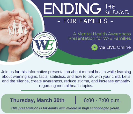 📢Join us for our second zoom session, Thursday, March 30th, at 6 pm for this informative presentation about mental health while learning about warning signs, facts, and how to talk to your child. Email donna@namilake.org to register. #WeBelong