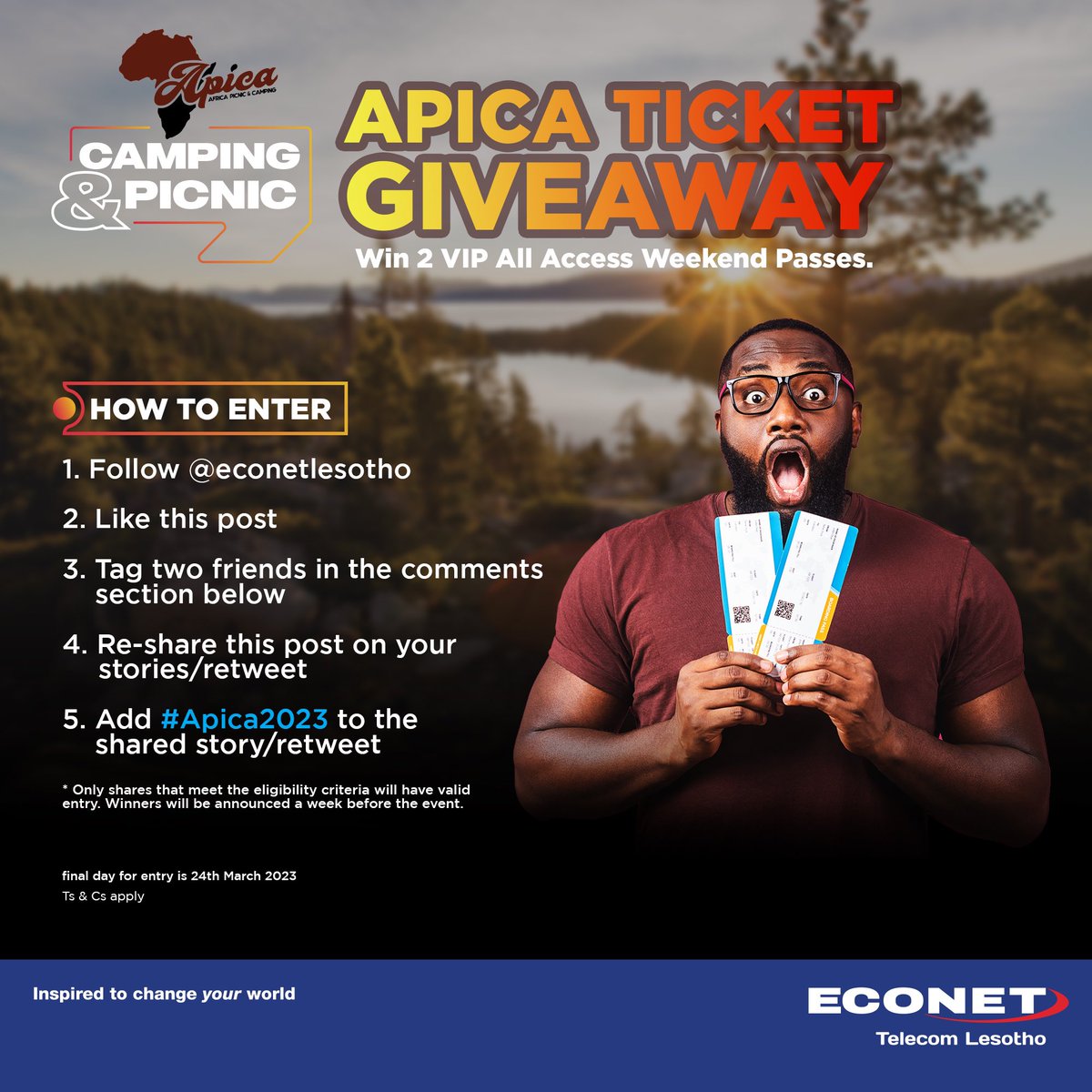 econetlesotho's tweet photo. It’s the camping experience of the season 🏕️ Enter for a chance to win 2 tickets VIP tickets to Apica 2023 at Mmelesi Lodge. 

Follow the below instructions to enter: 
1) Follow @econetlesotho
2) Like this post
3) Tag two friends in the comments section below

cont.. (1/2) https://t.co/AvJTwD58A9