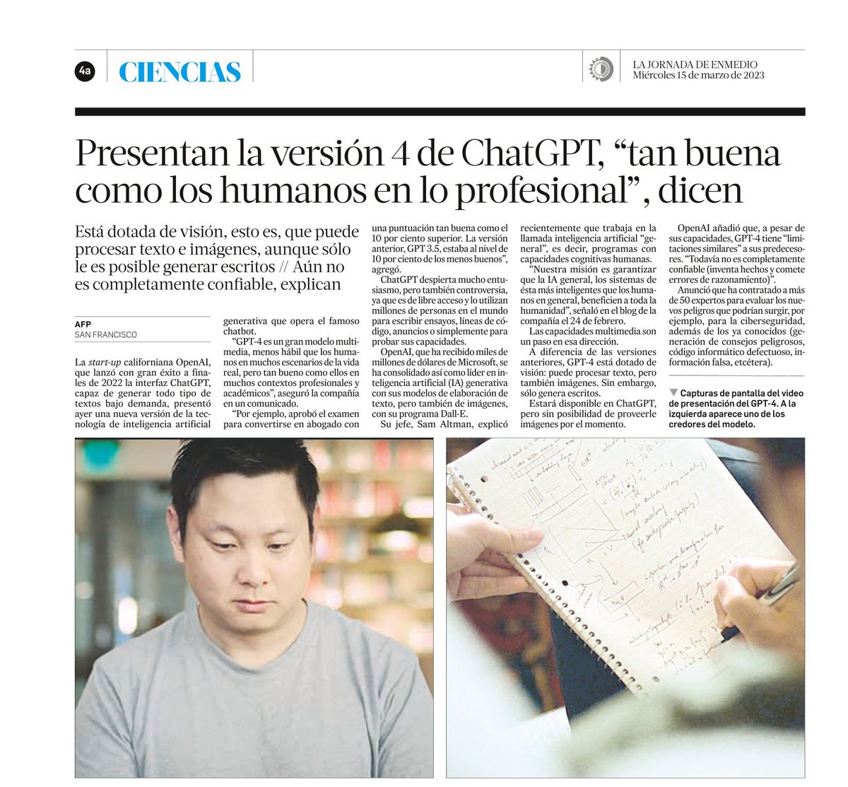HuertaXim's tweet photo. Presentan la versión 4 de #ChatGPT, “tan buena como los humanos en lo profesional”, dicen.
Vía: @LaJornada https://t.co/jElxJswvsD