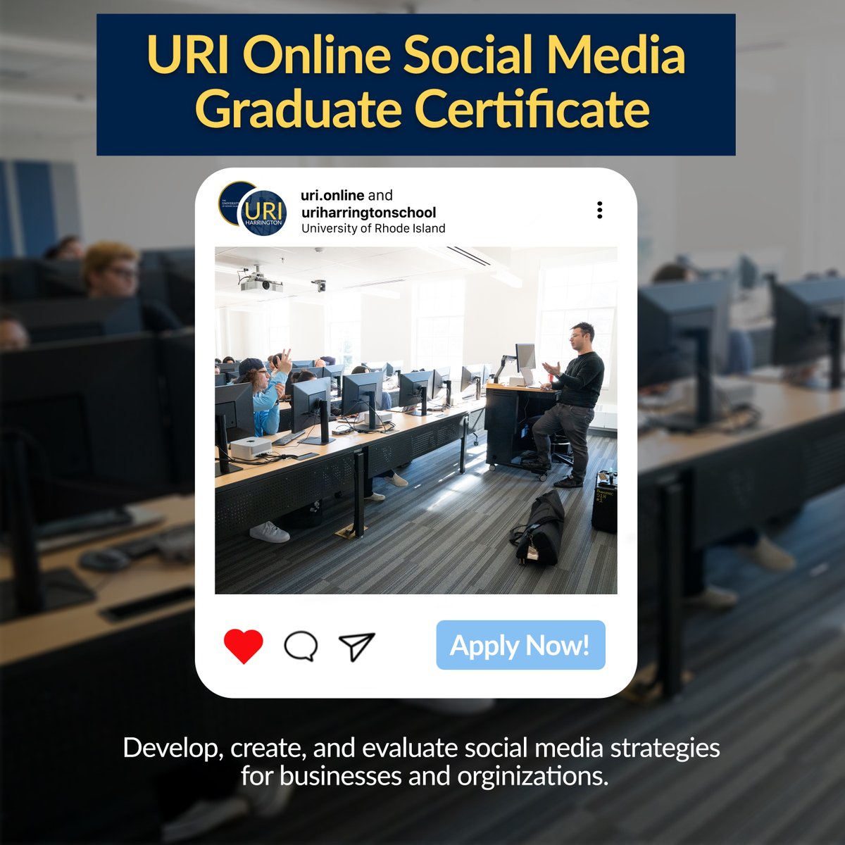 Apply today to our new Social Media Graduate Certificate program with <a href="/OnlineURI/">URI Online</a>! Starting in May, this program provides hands-on experience for students to gain strategic perspectives and strengthen social media skills. bit.ly/3JEfXbd