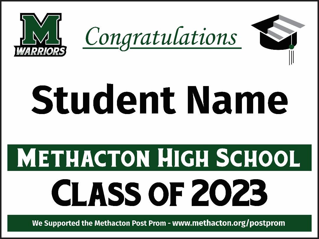 MPostProm's tweet photo. Celebrate your Methacton Grad with a graduation lawn sign.  All proceeds support the Methacton Post Prom. Pick up will be at the Methacton High School in mid May, more details to follow as we get closer.  Order deadline is Friday 4/14/2023. https://t.co/xWXPgaAI7G https://t.co/Y9sew6o7BW