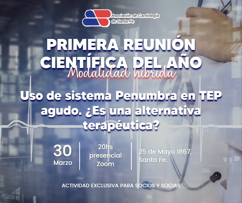 Acardiologia_sf's tweet photo. Primera Reunión Científica del año: Modalidad hibrida. "Uso de sistema Penumbra en TEP agudo. ¿Es una alternativa terapéutica?"⁣.
𝘚𝘢𝘭𝘰́𝘯 𝘓𝘖𝘈 𝘥𝘦 𝘭𝘢 𝘈𝘴𝘰𝘤𝘪𝘢𝘤𝘪𝘰́𝘯 𝘎𝘳𝘦𝘮𝘪𝘢𝘭 𝘔𝘦́𝘥𝘪𝘤𝘢 de Santa Fe (25 de Mayo 1867) o por 𝘡𝘖𝘖𝘔.⁣ https://t.co/MXVAVQsxM8