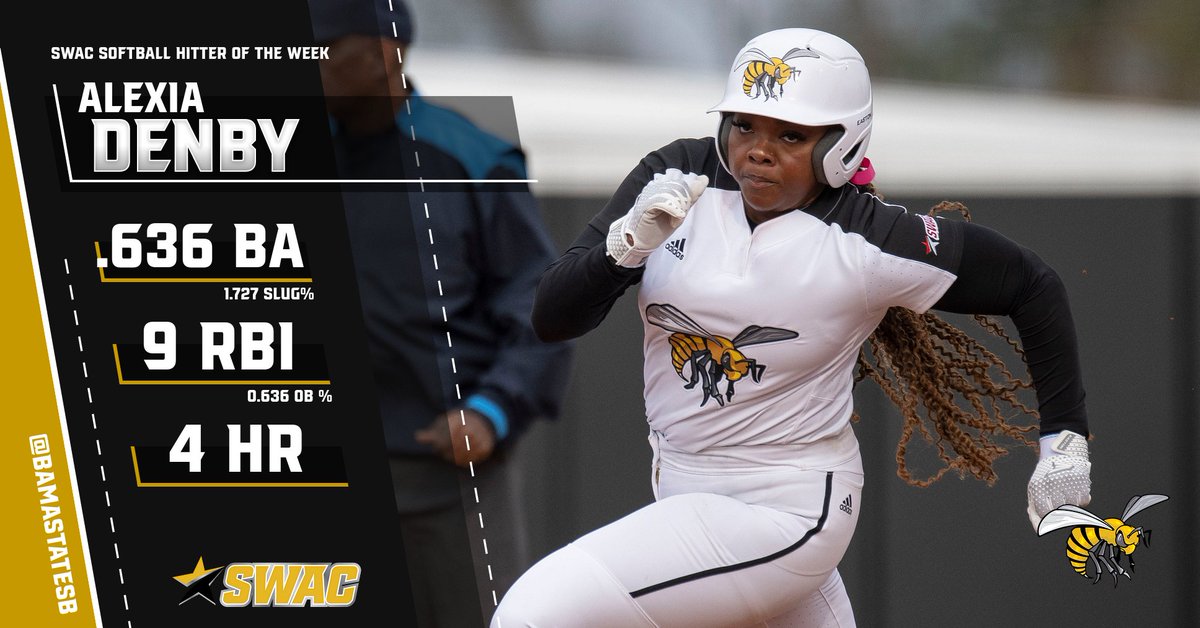 BamaStateSB's tweet photo. We 👀 you Alexia Denby! RT to congratulate Alexia for being selected @theswac Softball Hitter of the Week!

#IAMSWAC | #SWARMAS1 
#RYSASU https://t.co/GD9Gi2Oaod