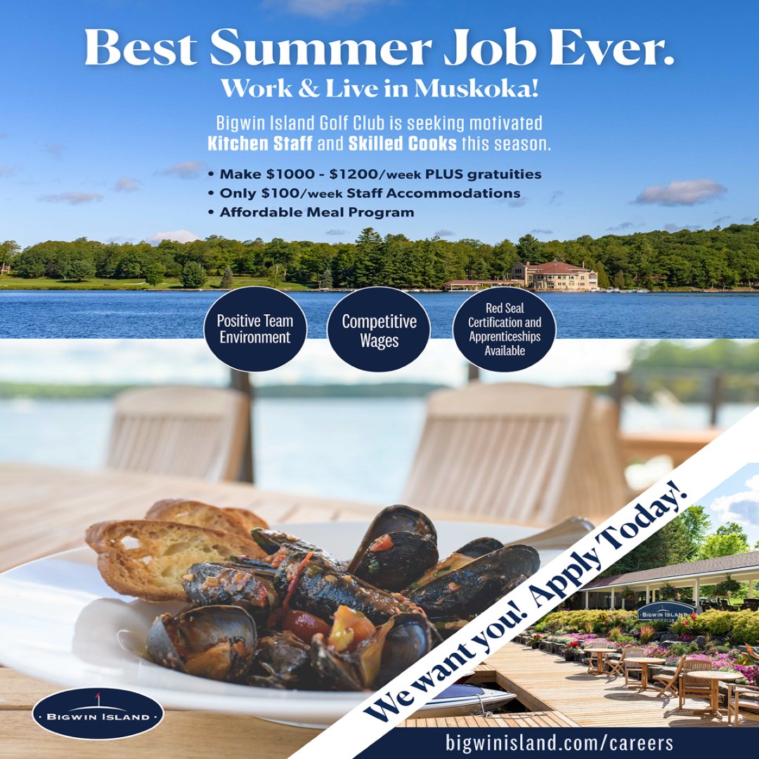 bigwinisland's tweet photo. Join our Team!!
Find more information on our website: https://t.co/RCflJ1ehqy
#bigwinislandgolf #hiring #cook #chef #summerjob #kitchenhelp #muskoka #lakeofbays https://t.co/7hzWTm5x38