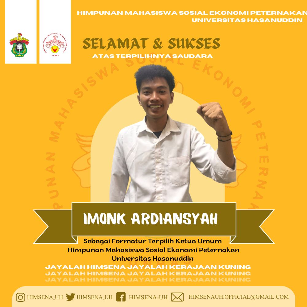 𝑨𝒔𝒔𝒂𝒍𝒂𝒎𝒖𝒂𝒍𝒂𝒊𝒌𝒖𝒎 𝑾𝒓.𝑾𝒃 
Selamat Kepada IMONK ARDIANSYAH atas terpilihnya sebagai formatur terpilih Ketua Umum Himpunan Mahasiswa Sosial Ekonomi Peternakan Universitas Hasanuddin Tahun 2023.
#HimsenaUH
#JayalahHimsena
#JayalahKerajaanKuning