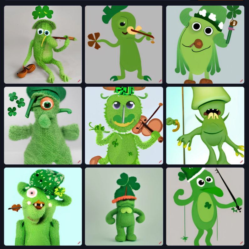 SingingMonsters's tweet photo. We asked AI to draw a "small green Monster with long nose, wearing a clover hat, 2 toes, playing a fiddle." These were the results... Poor Ffidyll🍀

Which one is your favorite redesign?👀 https://t.co/XSQvDe703s