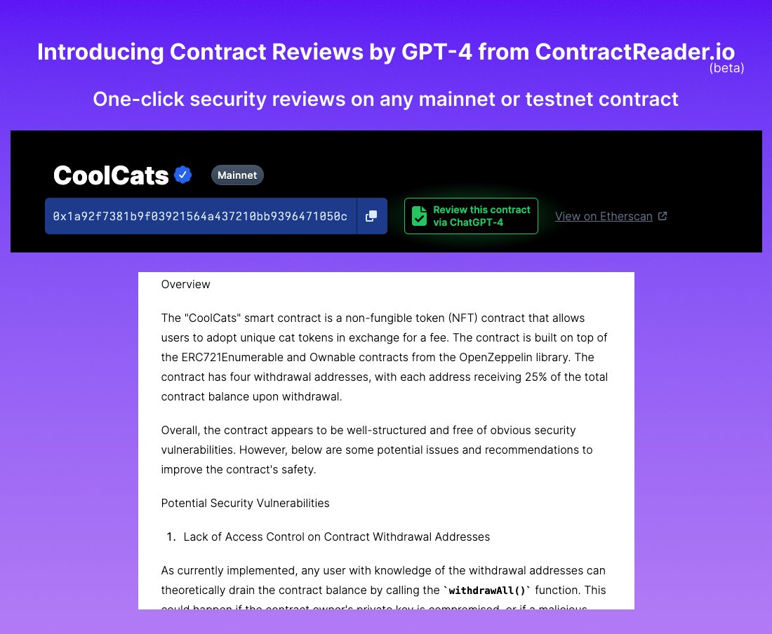 Today, at <a href="/ContractReader/">ContractReader.io</a>, we're excited to launch Smart Contract Reviews powered by @openai's GPT-4.

Get a near-instant code review of mainnet or testnet smart contract!

This is in beta but it was too cool and useful not to ship. We'll continue to improve it over time.