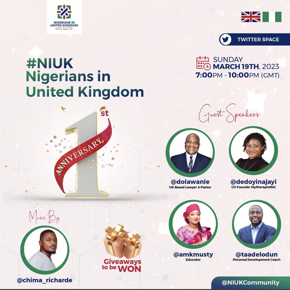 We are excited to celebrate our <a href="/NIUKCommunity/">Nigerians in the UK 🇳🇬🇬🇧</a> 1st anniversary as a community, which has helped a lot of Nigerians in in the UK 🇬🇧 to connect and support one another.

Join us on Sunday, 7pm - 10pm (GMT).