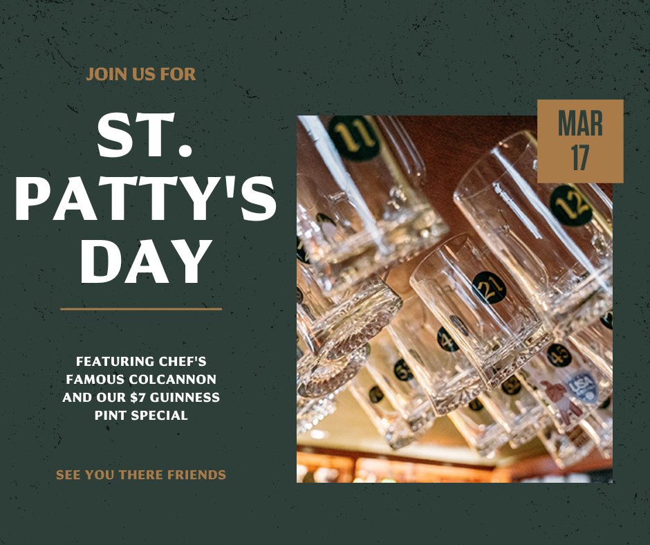 brophystavern's tweet photo. Join us for our St. Patrick's Day celebration this Friday at Brophy's Tavern! Savor specials like Chef's classic Colcannon and our St. James Irish Coffee with espresso, Jameson and Baileys. Looking for a glass of the good stuff? Cheers to ole St. Paddy with our $7 Guinness pints. https://t.co/8yQiMTzWlE