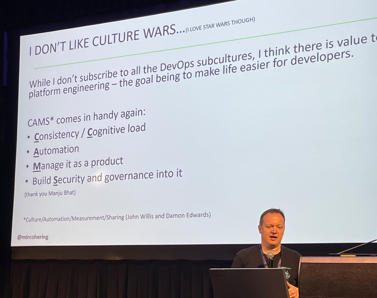 MelissaKaulfuss's tweet image. While I don’t ascribe to all DevOps subcultures, there is value to platform engineering because the goal is to make life easier for developers. CAMS comes in handy (shout out to @botchagalupe 👏).  #devopsdaysmelbourne