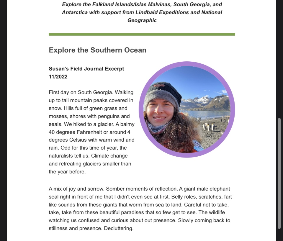 SusanJDorsey's tweet photo. More from @WildlifeRanger on the next chapter of my journey to the islands of South Georgia with @LindbladExp and @NatGeoEducation as a Grosvenor Teacher Fellow!

Send your story of the natural wonders near you to community@wildliferanger.org by March 24th. https://t.co/Q4UdB5OY9N