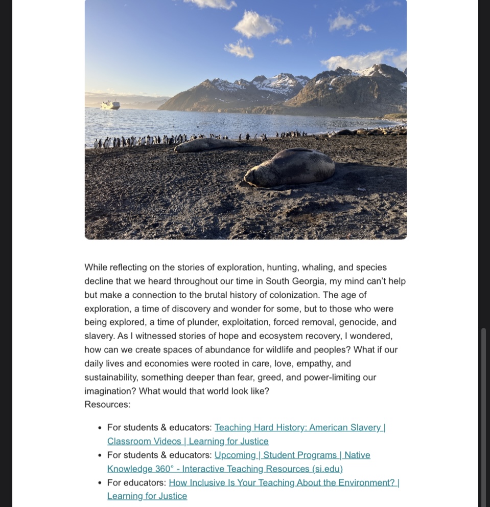 SusanJDorsey's tweet photo. More from @WildlifeRanger on the next chapter of my journey to the islands of South Georgia with @LindbladExp and @NatGeoEducation as a Grosvenor Teacher Fellow!

Send your story of the natural wonders near you to community@wildliferanger.org by March 24th. https://t.co/Q4UdB5OY9N