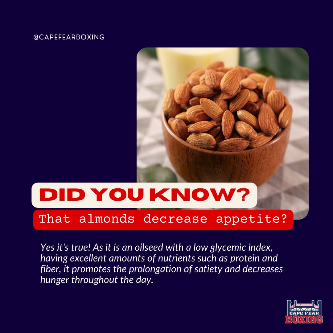 Need a hunger fix? Almonds are an excellent source of protein and fiber - promoting muscle growth, digestion, and a healthy snack option 💯⁣
⁣
#wilmingtonnc #nutritionandfitness #nutritiontips #boxingfitness #boxingworkout #nutritionguidance #protein