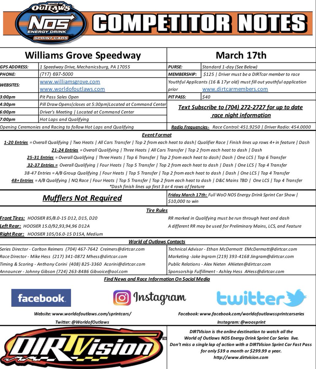 WorldofOutlaws's tweet photo. 𝗖𝗼𝗺𝗽𝗲𝘁𝗶𝘁𝗼𝗿 𝗡𝗼𝘁𝗲𝘀 📝

Take a look below for information regarding this weekend’s races at @WilliamsGrove (March 17) &amp; @lincolnspeedway (March 18). https://t.co/k3RJmwFWCv
