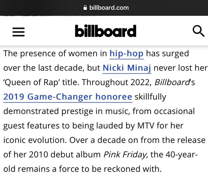 minajvadia's tweet photo. “já que nunca chamaram ela de rainha do rap” 

literalmente qualquer coisa que a nicki minaj lança a billboard proclama ela rainha do rap. 

segue três links + duas matérias fazendo isso 

🔗 https://t.co/whN0m78Uts
🔗 https://t.co/SedkaokO9S
🔗 https://t.co/tXrxyNRB3Z https://t.co/xym5fdXeLL