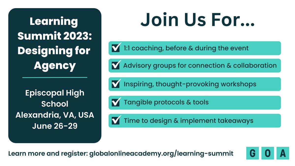 GOAlearning's tweet image. Join our Learning Summit this June! Join Us For... @onegreenbee @stahired @ejhudson @belathram @michaelnachbar  #schoolteams #proflearning #edleaders #edchat #profdev #designforagency

Learn more and register: globalonlineacademy.org/professional-l…