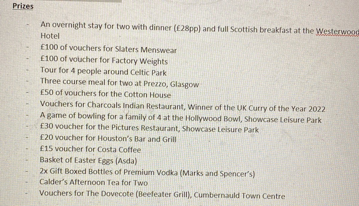 Our <a href="/Greenfaulds_HS/">Greenfaulds HS</a> raffle will take place this Friday and there is still time to enter. See below for all the amazing prizes you could win. All proceeds will go to <a href="/cashforkids/">Cash for Kids</a> @RadioClydeNews 

tinyurl.com/5xdmtsnt
