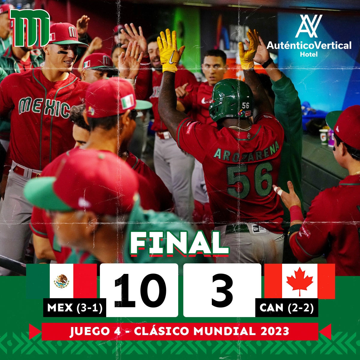 ¡MÉXICO LINDO Y QUERIDO! 😍🇲🇽

El equipo tricolor avanza a Cuartos de Final del Clásico Mundial tras macanear a Canadá 😤🔥

¡BIEN HECHO! 👏🎉

Pizarra presentada por Hotel Auténtico Vertical 🏨

#SomosMéxico 🇲🇽
#LigaARCO ⚾️