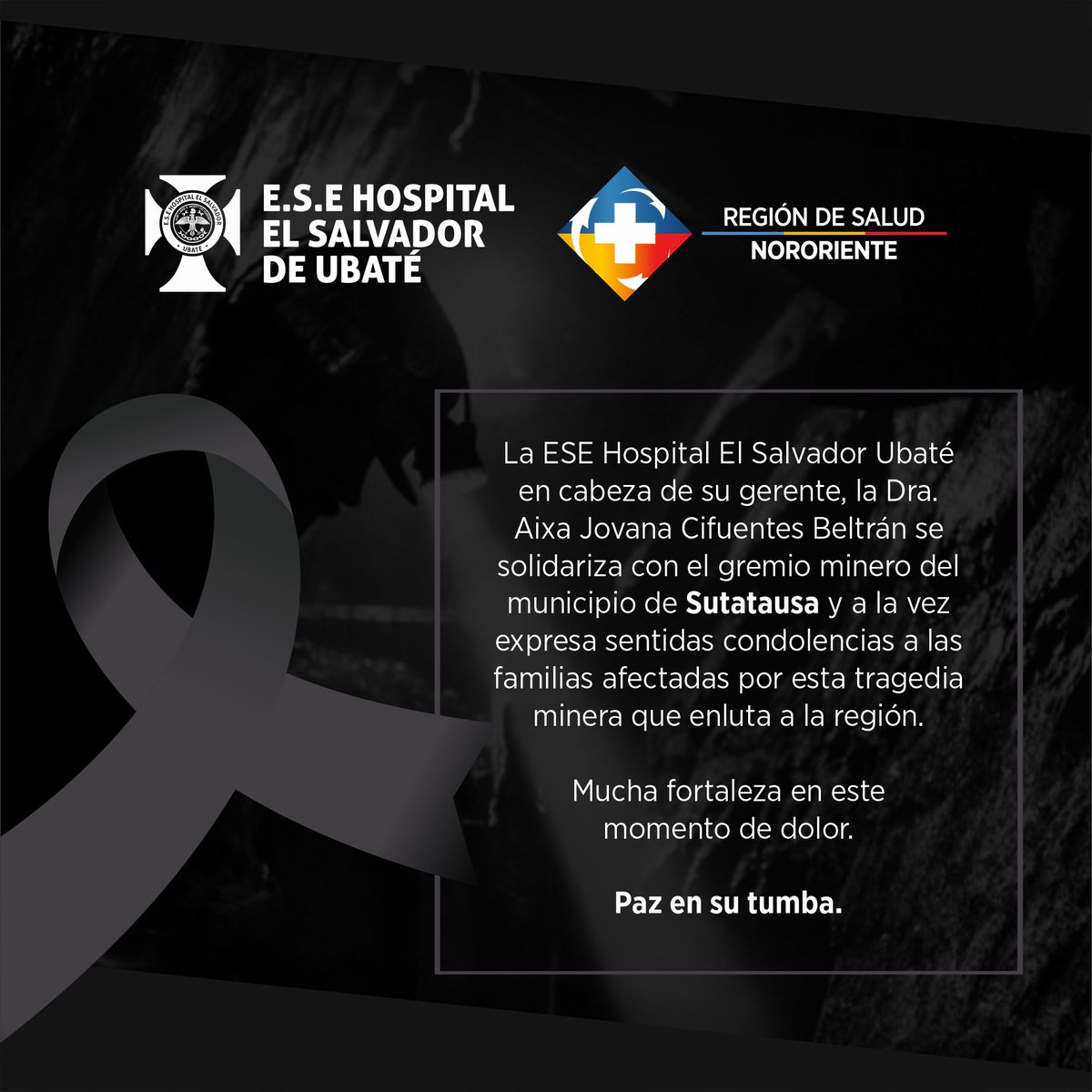 HospitalUbate's tweet photo. #LutoMinero 

Nuestro Hospital El Salvador #Ubaté en cabeza de su gerente @AixaCifuentes, se solidariza con el gremio minero del municipio de #Sutatausa y a la vez expresa sentidas condolencias a las familias afectadas por esta tragedia minera que enluta a la región. https://t.co/rgD56Q4lU6
