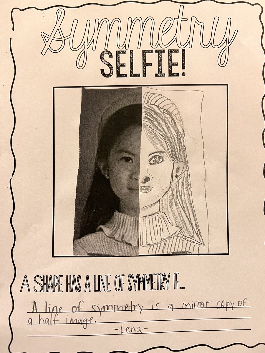 4th graders @PSDGrasse are learning about lines of symmetry! They had so much fun creating their own #SelfieSymmetry photos! Students used their photo and cut a “line of symmetry”! Then demonstrated their understanding by creating a mirror image on the other side! @PennridgeSD