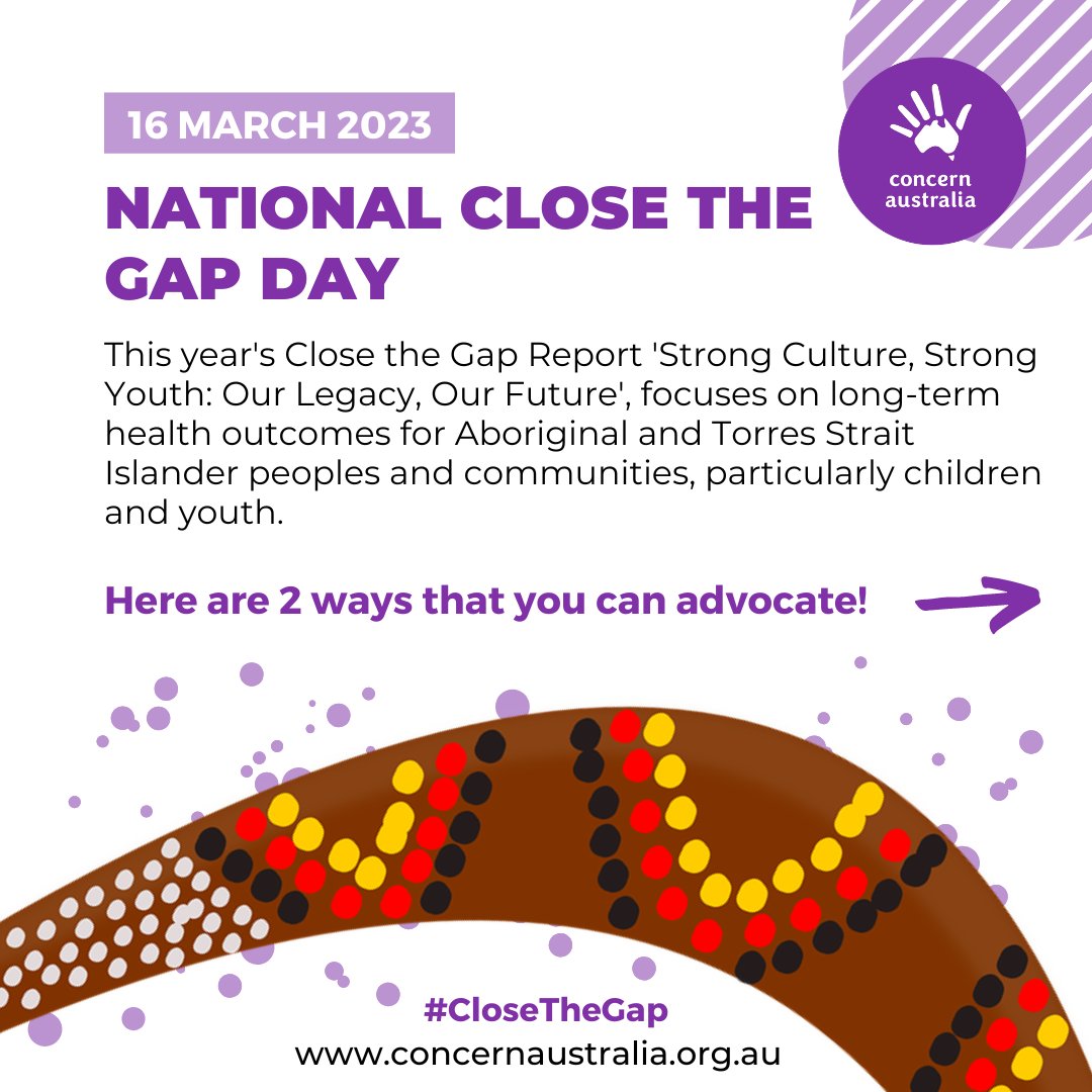 ConcernAust's tweet photo. Today, March 16th 2023, is National Close the Gap Day. Today we draw attention to the health gap. Alarmingly, Aboriginal and Torres Strait Islander peoples live an average of 10 years less than non-Indigenous Australians.

#closethegap https://t.co/7RUXeXRFDC