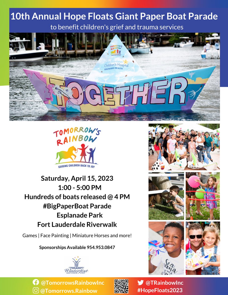 TRainbowInc's tweet photo. ‼ #HopeFloats2023 is ONE MONTH away ‼
Join us for our 10th memorial paper boat celebration in honor of lost loved ones. This FREE event includes games, prizes, face painting, a bounce house, LIVE music, and more! 
Don't miss the boat!
#tomorrowsrainbow #backtojoy #bigpaperboat https://t.co/P6AyQ9SZzF