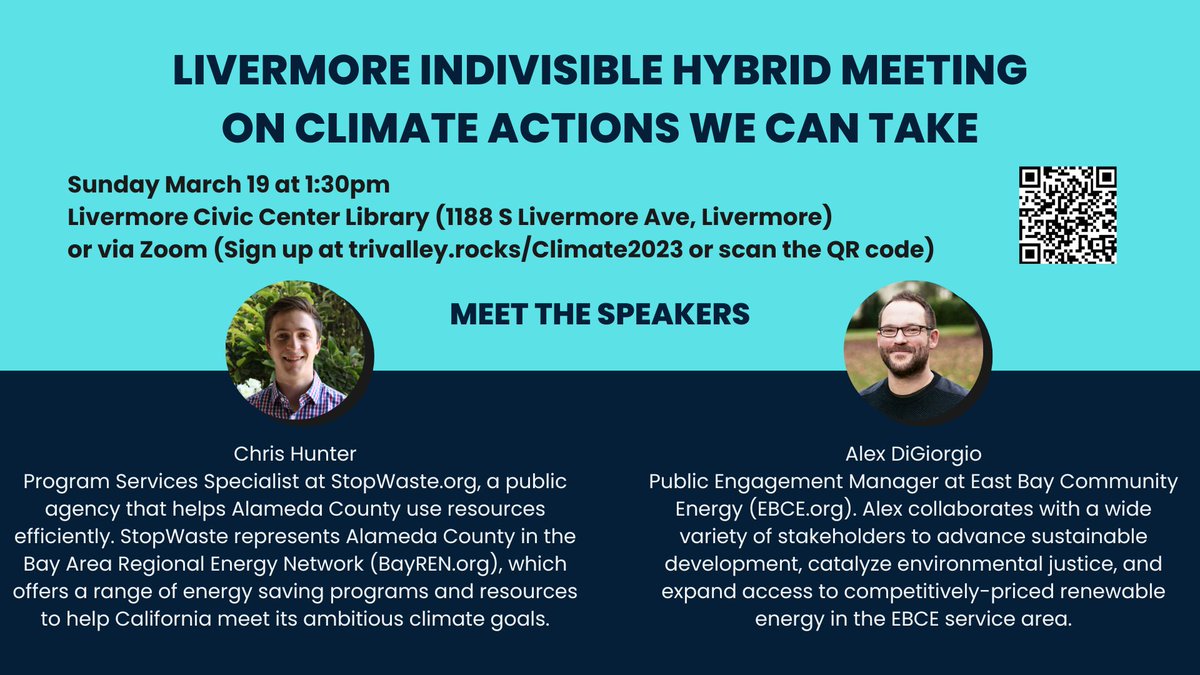 Join @LivermoreIndiv1 at @LivLibrary Mar 19 1:30PM for hybrid meeting for #ClimateAction you can take at home: Gas to Electric Home Improvement and @PoweredbyEBCE updates to increase renewable energy.