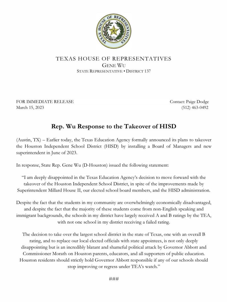 GeneforTexas's tweet photo. The #HISD takeover is a shameful political attack by Gov. Abbott &amp; Morath on Houston parents, educators, &amp; all supporters of Public Edu. Houstonians should hold Abbott responsible if any of our schools stop improving or regress under TEA’s watch.” My full #txlege statement https://t.co/f4BxAgbqry