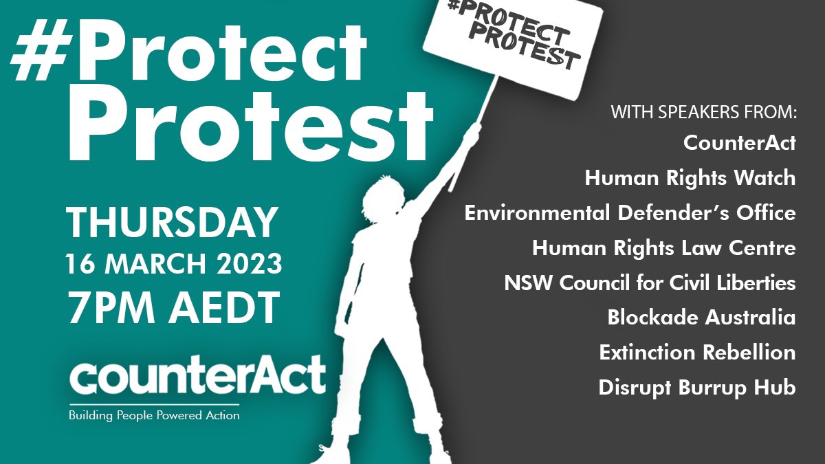 Looking forward to speaking tonight at <a href="/CounterActOz/">CounterAct - Building People Powered Action</a>'s online forum alongside <a href="/HumanRightsHRLC/">Human Rights Law Centre</a> <a href="/NSWCCL/">NSW Council for Civil Liberties</a> <a href="/EDOLawyers/">Environmental Defenders Office</a> &amp; frontline activists

7pm AEDT - register below👇🏼 eventbrite.com.au/e/protectprote…