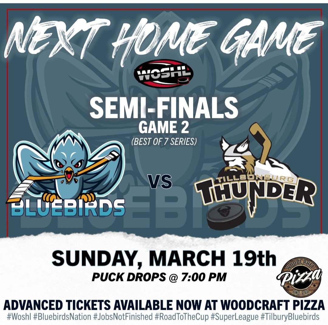 The Tilbury Bluebirds allow the Thunder to host Game one on Saturday night in Tillsonburg.
Game 2 is OURS...Let's bring our own Thunder and pack the Birdhouse on Bond for Sunday evening.