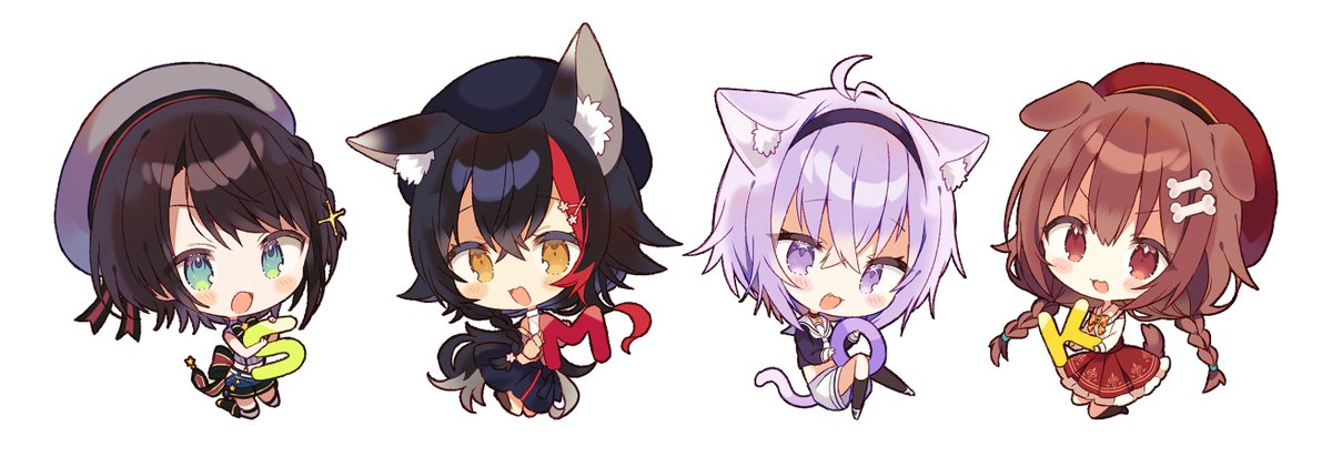 inugami korone ,nekomata okayu ,ookami mio ,oozora subaru 4girls multiple girls animal ears beret cat ears hat brown hair  illustration images