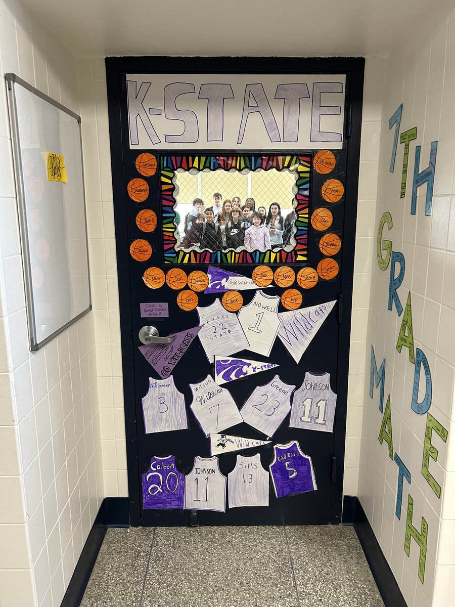 MsGralish's tweet photo. “Wildcats everywhere, wave your hands up in the air!” Gralish/Conklin Period 8 decorated our door to support Kansas State in the NCAA March Madness Tournament. Thank you to @JohnathanMaxson and the HMS Student Council for organizing this fun door decorating contest! 🏀🏀🏀 https://t.co/eSkU1VD3Yh