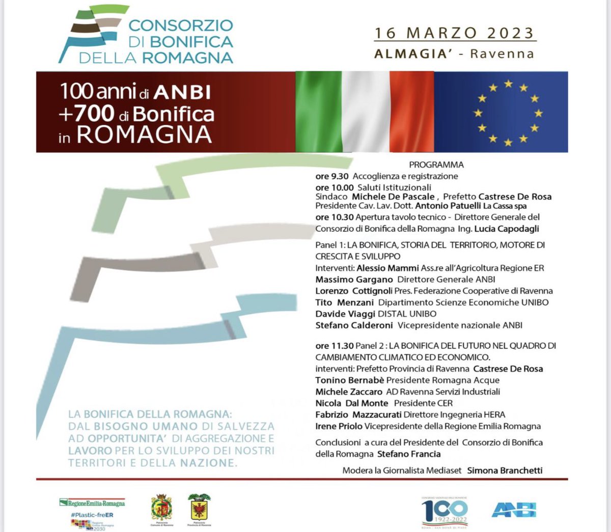16marzo 2023 ore 10.L’invito a partecipare è per tutti, sarà un grande momento di confronto, di celebrazione del territorio e di oltre 700 anni di storia #bonificaromagna #regioneemiliaromagna #unibo #lacassa #bonifica #nullobaldini ##ANBI #anbi100 #ravenna #cesena #forli #rimini
