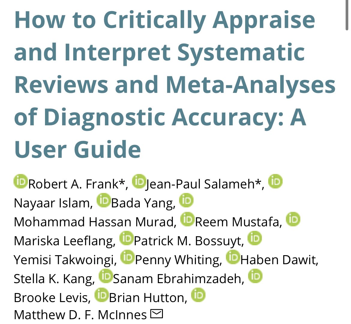 JP_Salameh's tweet photo. Our new work in @radiology_rsna: 

We put together a practical guide for clinicians and radiologists to critically evaluate diagnostic accuracy systematic reviews when using them to inform clinical decisions.

Read: https://t.co/DWNRHE4fvi 

1/5 https://t.co/vQfk3NkZlt