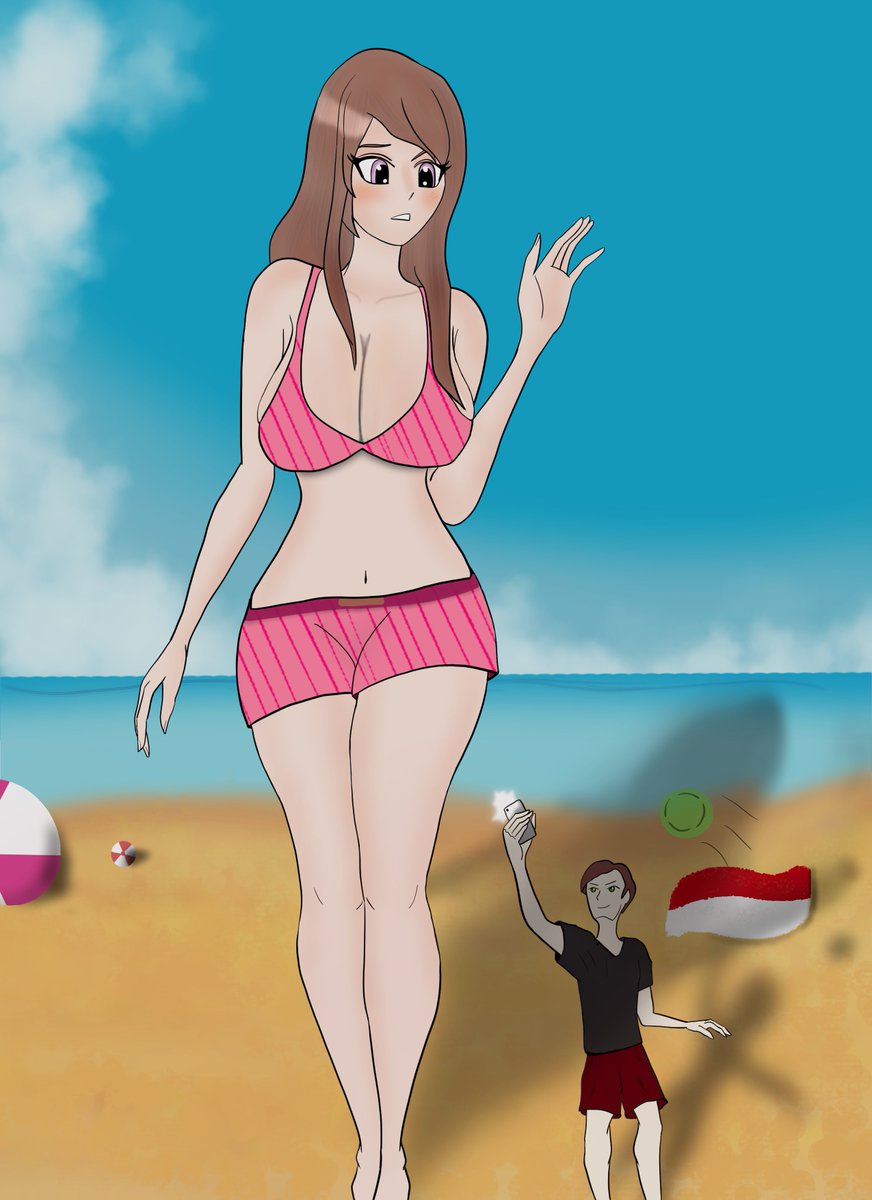 Sizeablehugart's tweet photo. Hope everyone enjoys my new drawing! 
A Giantess's Beach day struggles #Digitaldrawing #giantess #sizetwitter #art 

Being 15 feet tall (Aprox 5 meters) sure has its perks and cons #giantwoman https://t.co/rex518CLXC