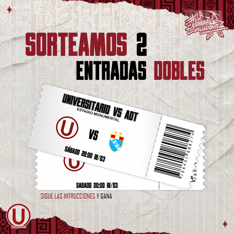 U1924eSports's tweet photo. ¡𝐉𝐮𝐧𝐭𝐨𝐬 𝐞𝐧 𝐞𝐥 𝐞𝐬𝐭𝐚𝐝𝐢𝐨 𝐦𝐚́𝐬 𝐛𝐞𝐥𝐥𝐨 𝐝𝐞𝐥 𝐏𝐞𝐫𝐮́! 🎟
 Te llevamos a nuestro Monumental U. ¿Cómo?
-Sigue esta cuenta.
-Etiqueta a tu acompañante.
-RT.
¡Este viernes daremos los/las ganadores!
#LaGarraEvoluciona #UniversitarioeSports #ConLaUHastaElFinal https://t.co/gTN2mBw11U