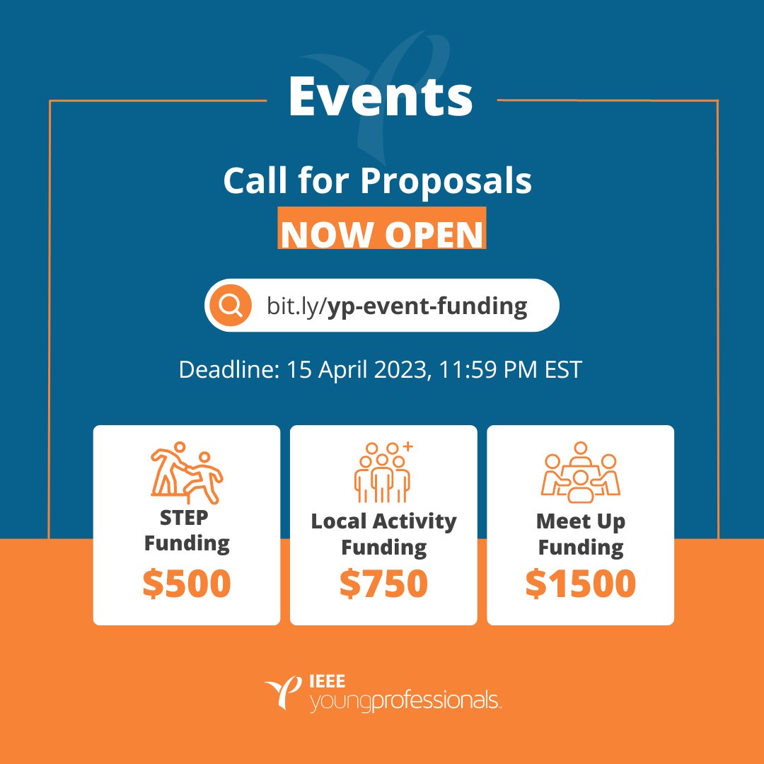 IEEEYP's tweet photo. IEEE Young Professionals (YP) is inviting all
@IEEEorg Organization Units (OUs) to submit funding requests for events that positively impact young professionals like you!
Appy now at: https://t.co/NWDNrX8enz
#ieeeyp #ypevents https://t.co/JOfDSUiroB