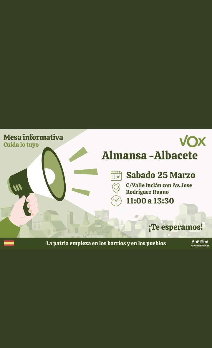 SutemiBear's tweet photo. Mesa Informativa en #Almansa 
queremos escucharte....
#CuidaLoTuyo
#VOX https://t.co/agbxz2EKlk