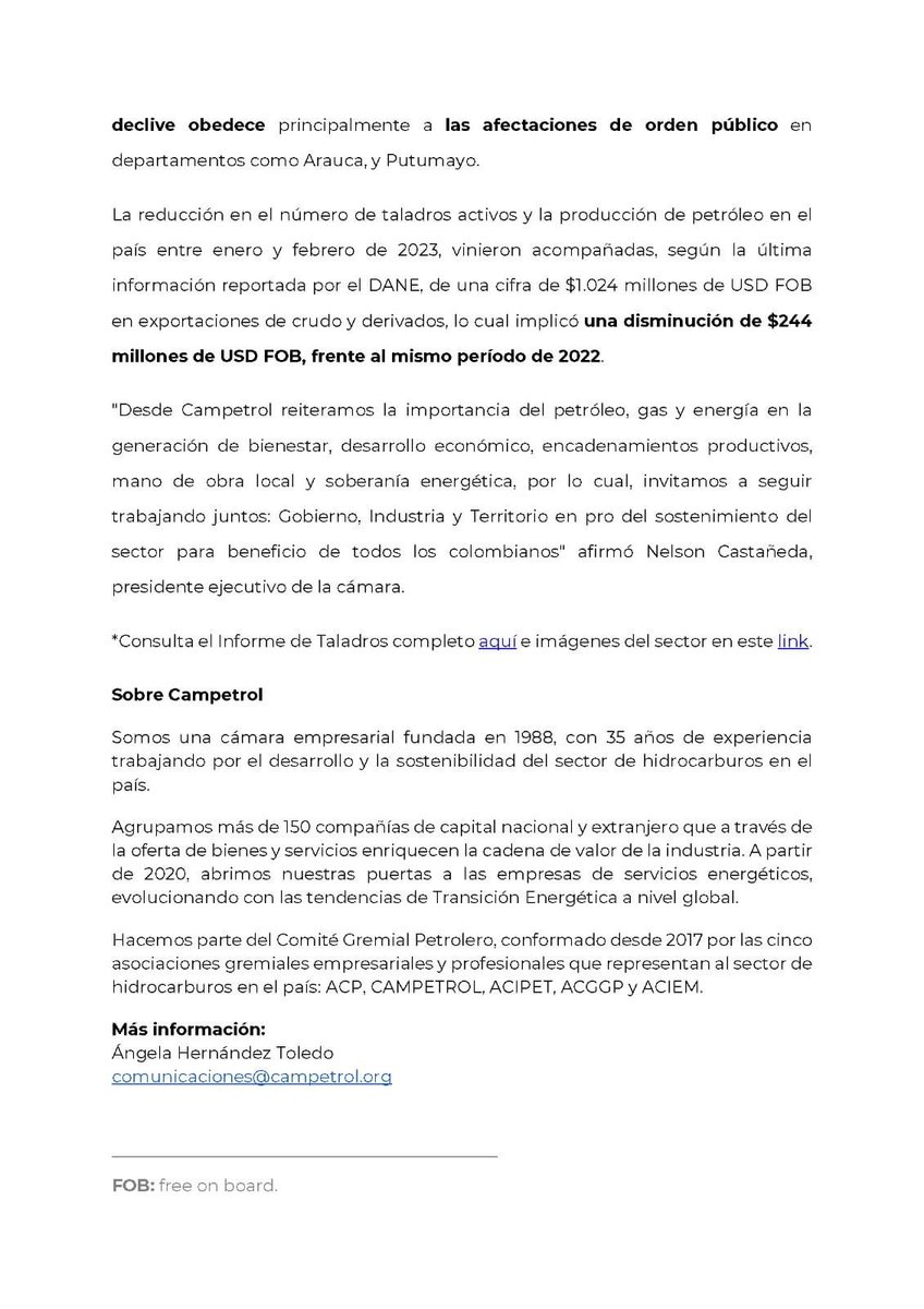 campetrol's tweet photo. #comunicadodeprensa Cae la producción de petróleo (-13.600 BPPD) y actividad de taladros (-15%) por afectaciones de orden público en el país
👉Lee el comunicado de prensa completo https://t.co/Ws2ulSXC4G
👉Lee el #InformedeTaladros https://t.co/ra7Do8pI31

#drilling #workover https://t.co/m1zWR1xZZG