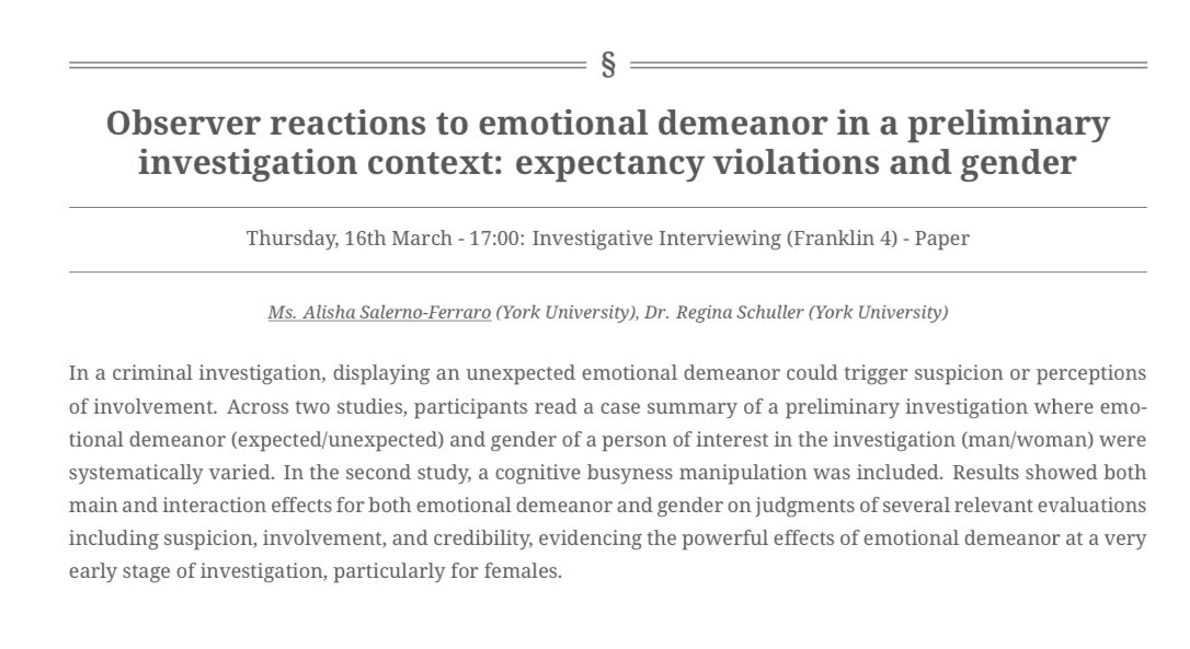 Salerno_AC's tweet image. Displaying an unexpected emotional demeanour during a preliminary investigation can be incriminating, particularly for women. Come listen to me talk about some research inspired by the wrongful conviction of @amandaknox tomorrow at 5 pm! #APLS2023