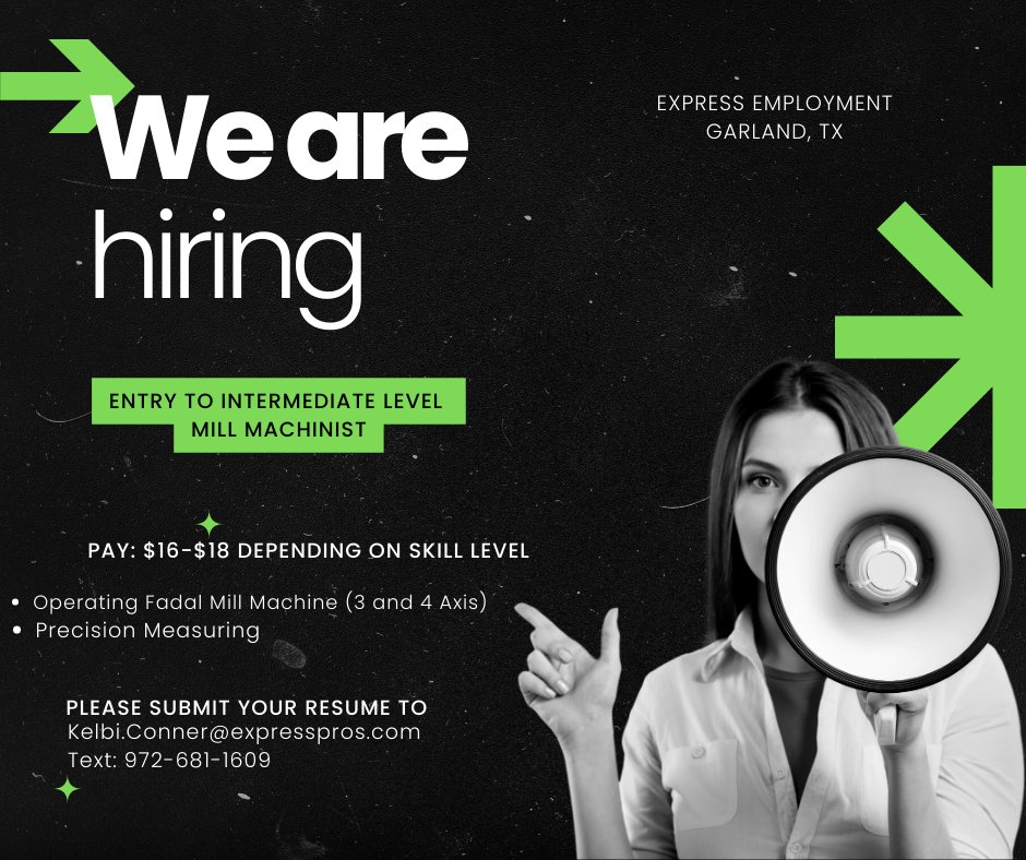 This could be your next career!! Great opportunity for anyone that has been in technical school or looking to move up a level in machining.
Call or Text: 972-681-19609
Resume: Kelbi.Conner@ExpressPros.com