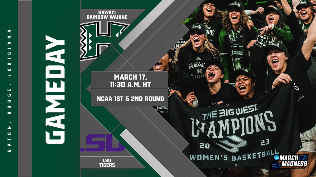 HawaiiWBB's tweet photo. NCAA CHAMPIONSHIP - 1st Rd.
🏀: Hawai'i at LSU
🕖: 11:30 am HT 
📍: Baton Rouge, La.
📺: ESPN2
🔊: ESPN Honolulu - https://t.co/YTPi8EtQ7d
📊: https://t.co/jyBFaH56gU
💻: ESPN+ - https://t.co/jK28Aq4SX0 https://t.co/NNs9YpQpEy
