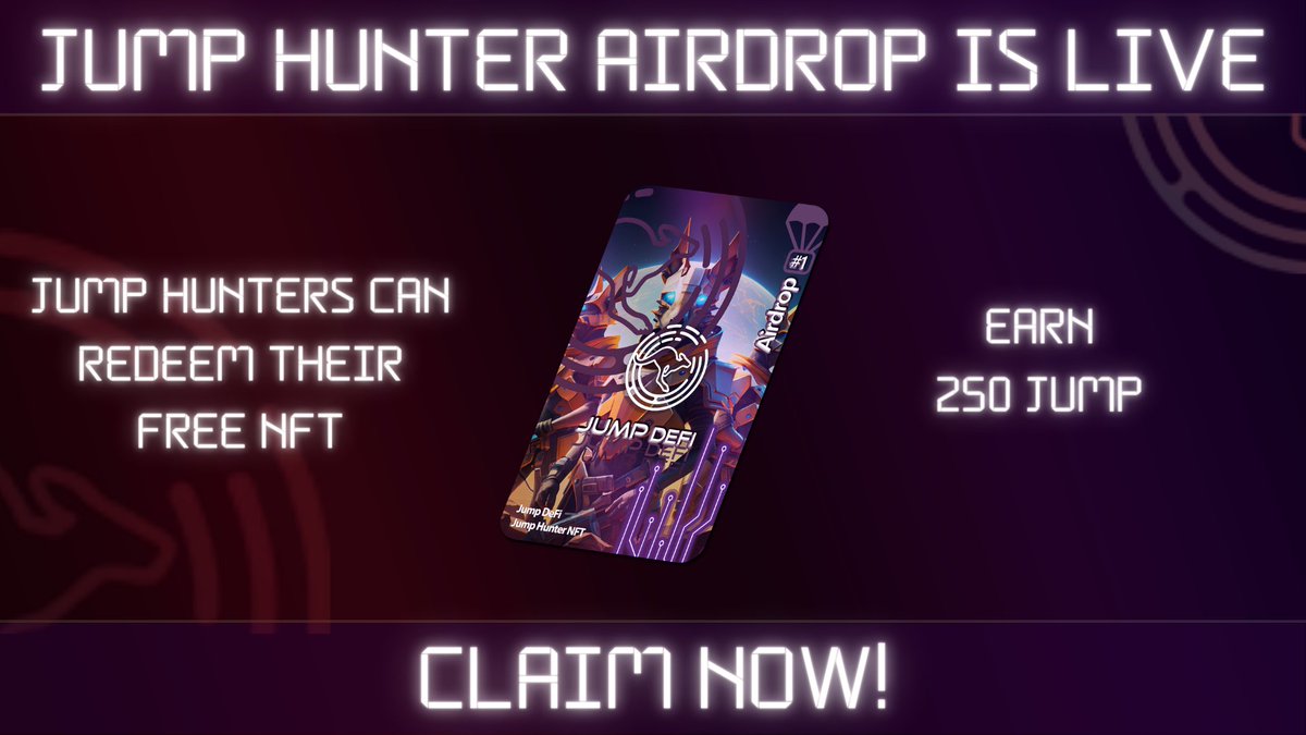 JumpDeFi's tweet photo. 🚨JUMPERS!🚨

The Jump Hunter NFT Airdrop is now LIVE!!!  🤯

Jump Hunter's can now mint their FREE Jump Hunter NFT using the link below 👇 

https://t.co/Tkhiwu6KkV

Each NFT can be staked on Jump DeFi for the next 3 months to Earn 250 JUMP total 💸 https://t.co/PjIdDTFgFS
