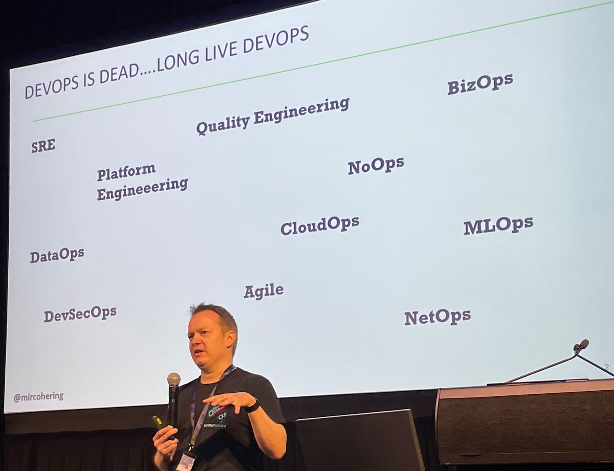 MelissaKaulfuss's tweet image. First talk of the day is @mircohering with a reflection on DevOps. We are here to break silos &amp;amp; solve problems! The name means nothing. They’re all complementary tooling to help us solve problems! Our community is not about gate keeping. #DevOpsDaysMelbourne