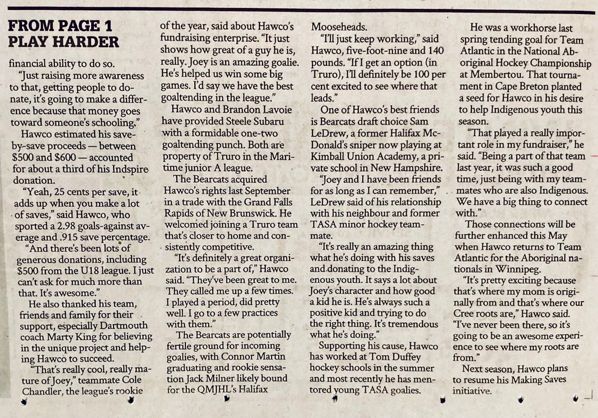 “There’s definitely a lot of people out there in the Indigenous community who might not be able to afford university. They can probably do great things with the education.”⁦<a href="/HawcoGoalie1/">Joey Hawco</a>⁩ of ⁦<a href="/SteeleSubaruHky/">Steele Subaru Hky</a>⁩ ⁦<a href="/nsu18mhl/">High Button NSU18MHL</a>⁩ &amp; ⁦<a href="/trurobearcats/">Truro Junior ‘A’ Bearcats</a>⁩ ⁦<a href="/THEMHL/">The MHL</a>⁩