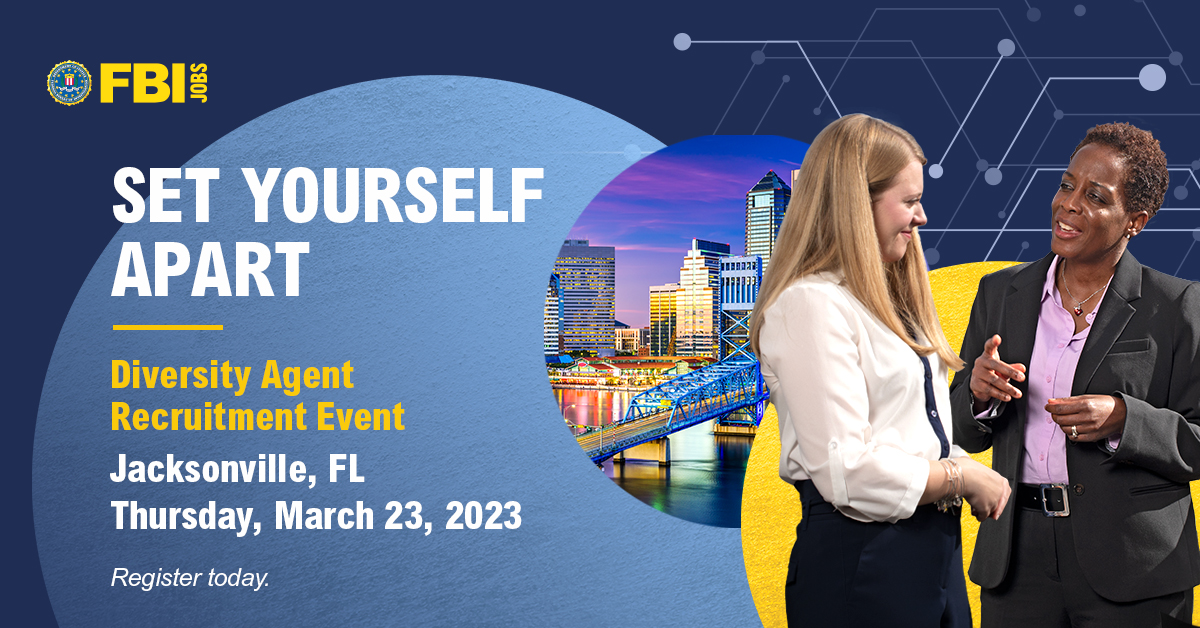 FBIJobs's tweet photo. Find out what your career as a #SpecialAgent could look like. Attend our Diversity Agent Recruitment event in #Jacksonville on March 23 to learn how you can turn your skills into a rewarding career.
Register today. #FBIJobs #FBI #DEI #Florida
https://t.co/tzaD7HOoQf https://t.co/wVllY7QO5M