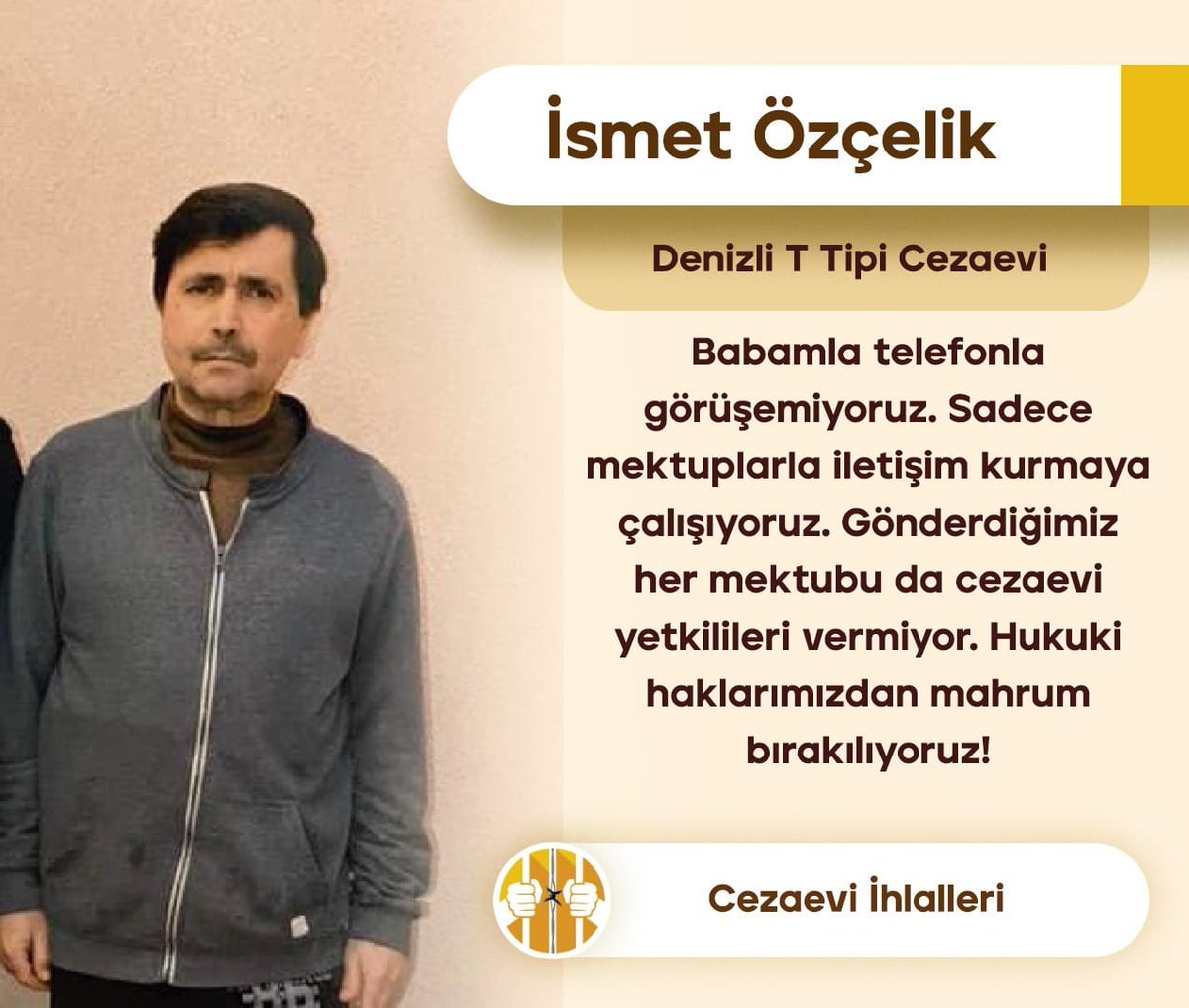 İsmet Özçelik Malezya'dan kaçırılarak Türkiye’ye getirilmişti. Şimdi de cezaevinde tutuluyor ve yasal hakları verilmiyor.

DenetimliHakkı Uygulanmıyor